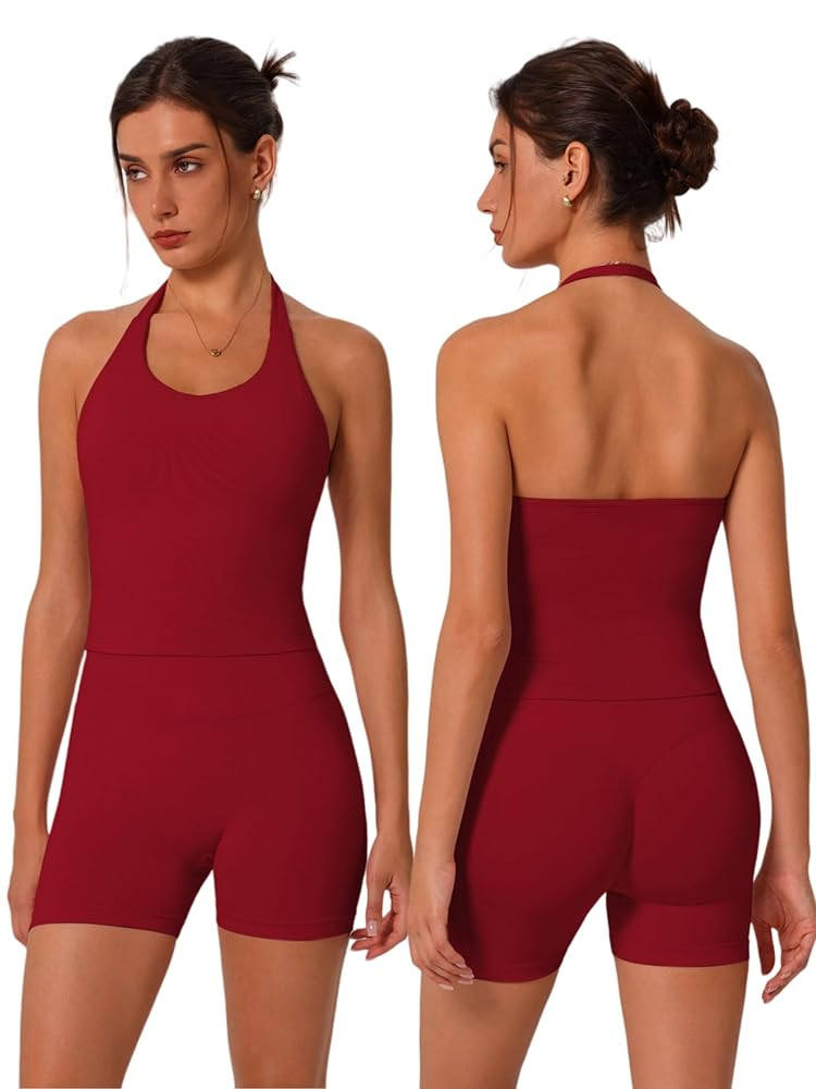 ABOCIW Workout Sets for Women 2 Piece seamless Halter Sports Bra Scrunch Butt Impact Shorts Gym Y... | Amazon (US)