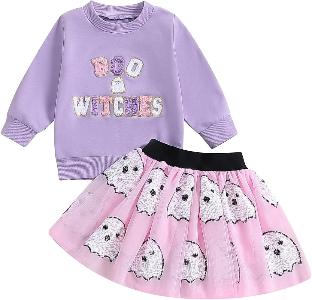 Toddler Halloween Outfit Baby Girl Boo Witches Shirt Long Sleeve Sweatshirt and Tulle Skirts Litt... | Amazon (US)