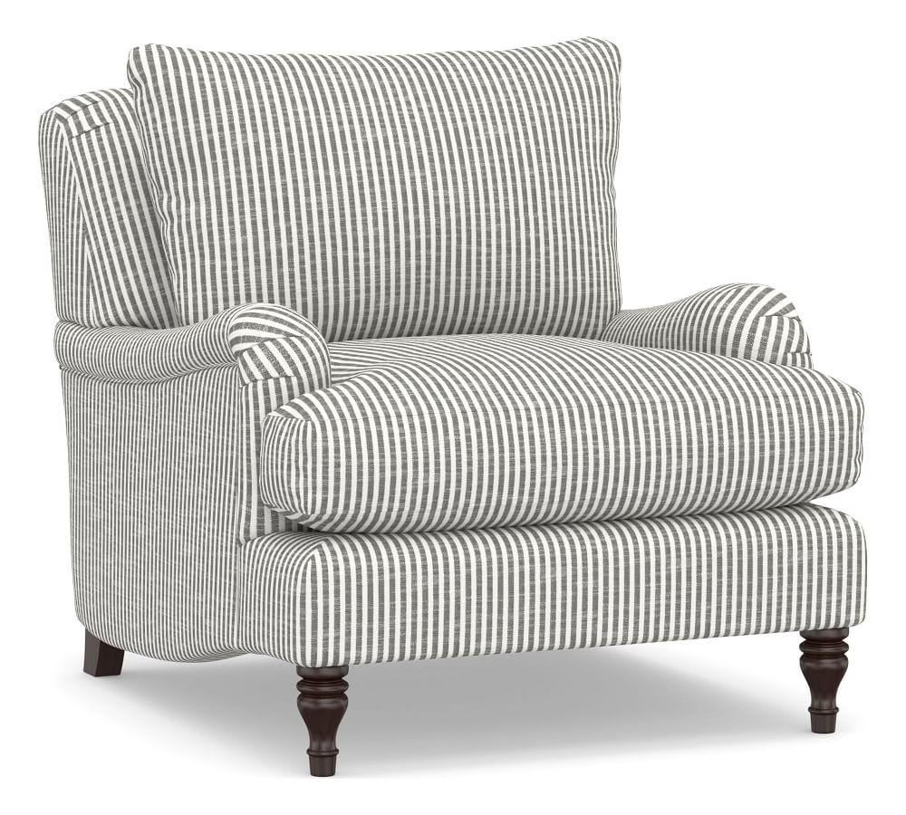 Carlisle English Arm Upholstered Armchair, Down Blend Wrapped Cushions, Kendall Print Navy | Pottery Barn (US)
