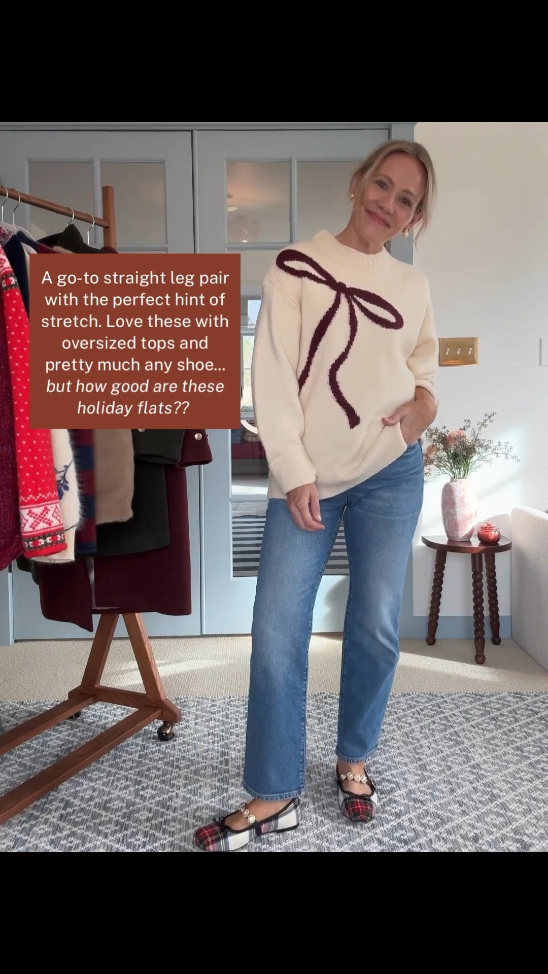 The everyday, feel good jeans ~ wearing my regular size in all, petite length in nipped straight jeans (i'm 5'3") ~ holiday plaid flats are true to size and very comfortable  xo, Claire 

#LTKSeasonal #LTKOver40 #LTKPetite