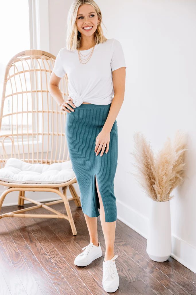 Feeling Inspired Teal Blue Ribbed Midi Skirt | The Mint Julep Boutique