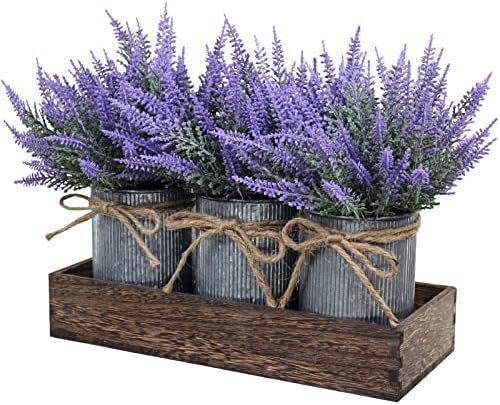Set of 3 Small Potted Plants Arrangement Artificial Lavender Flower Plants in Rustic Galvanized M... | Amazon (US)