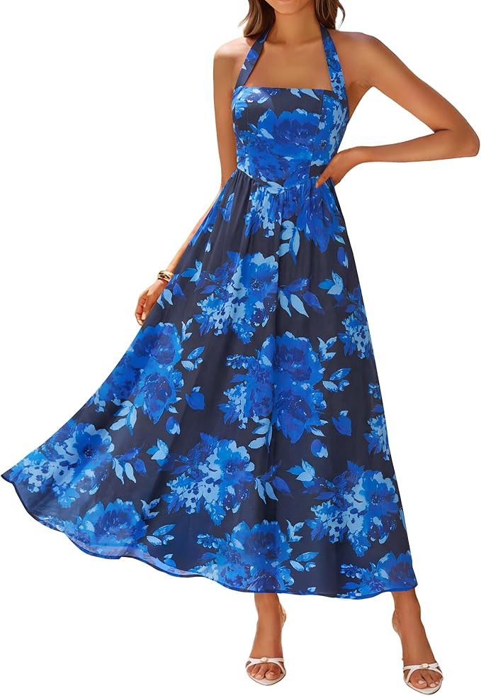 ZESICA Women's Summer Floral Halter Midi Dress 2026 Sleeveless Off Shoulder High Waist Flowy Casu... | Amazon (US)