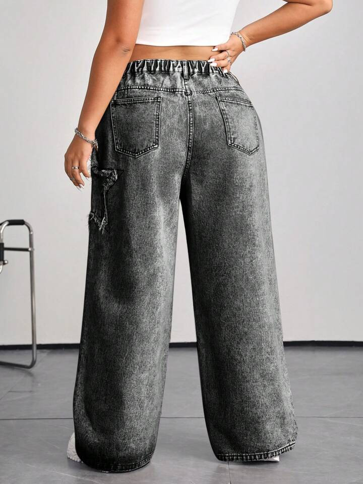 SHEIN ICON Plus Size Women's Denim Wide Leg Jeans, Sexy Streetwear, Grey  Star Pattern | SHEIN