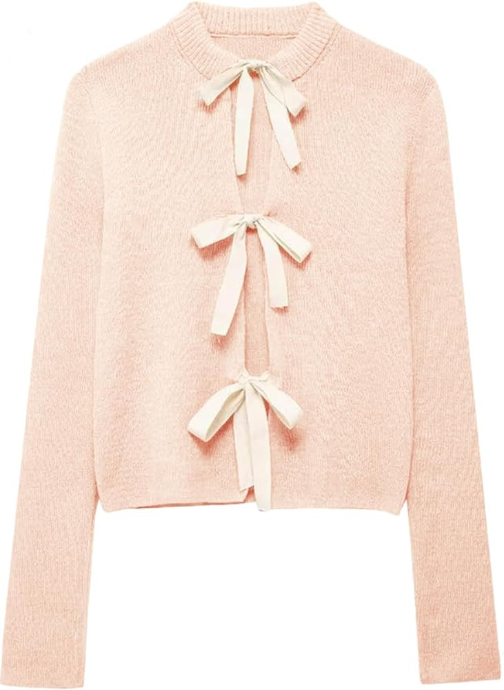 Tie Front Cardigan Sweaters for Women Y2K Bow Tie Open Front Cardigans Crewneck Long Sleeve Sweat... | Amazon (US)