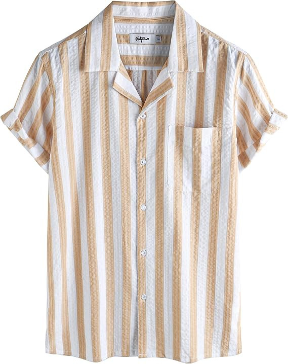 VATPAVE Mens Striped Summer Shirt Casual Button Down Short Sleeve Beach Shirts Cotton Linen Shirt... | Amazon (US)