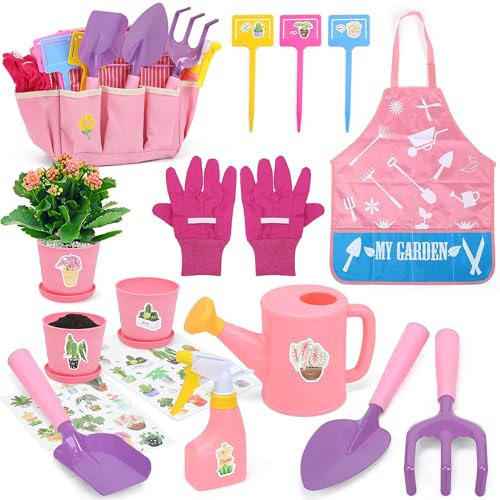 CUTE STONE Kids Gardening Set, Garden Toys with Metal Kids Rake, Shovel, Trowel, Watering Can, Gloves, Tote Bag, Gardening Kit for Toddlers, Outdoor Playset Spring Summer Toys for Girls Boys | Amazon (US)