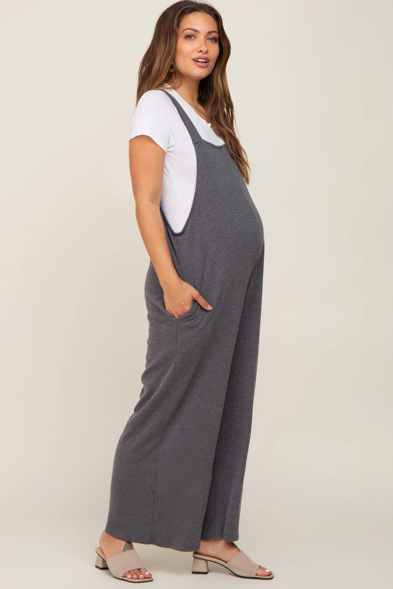 Charcoal Ribbed Maternity Wide Leg Jumpsuit | PinkBlush Maternity