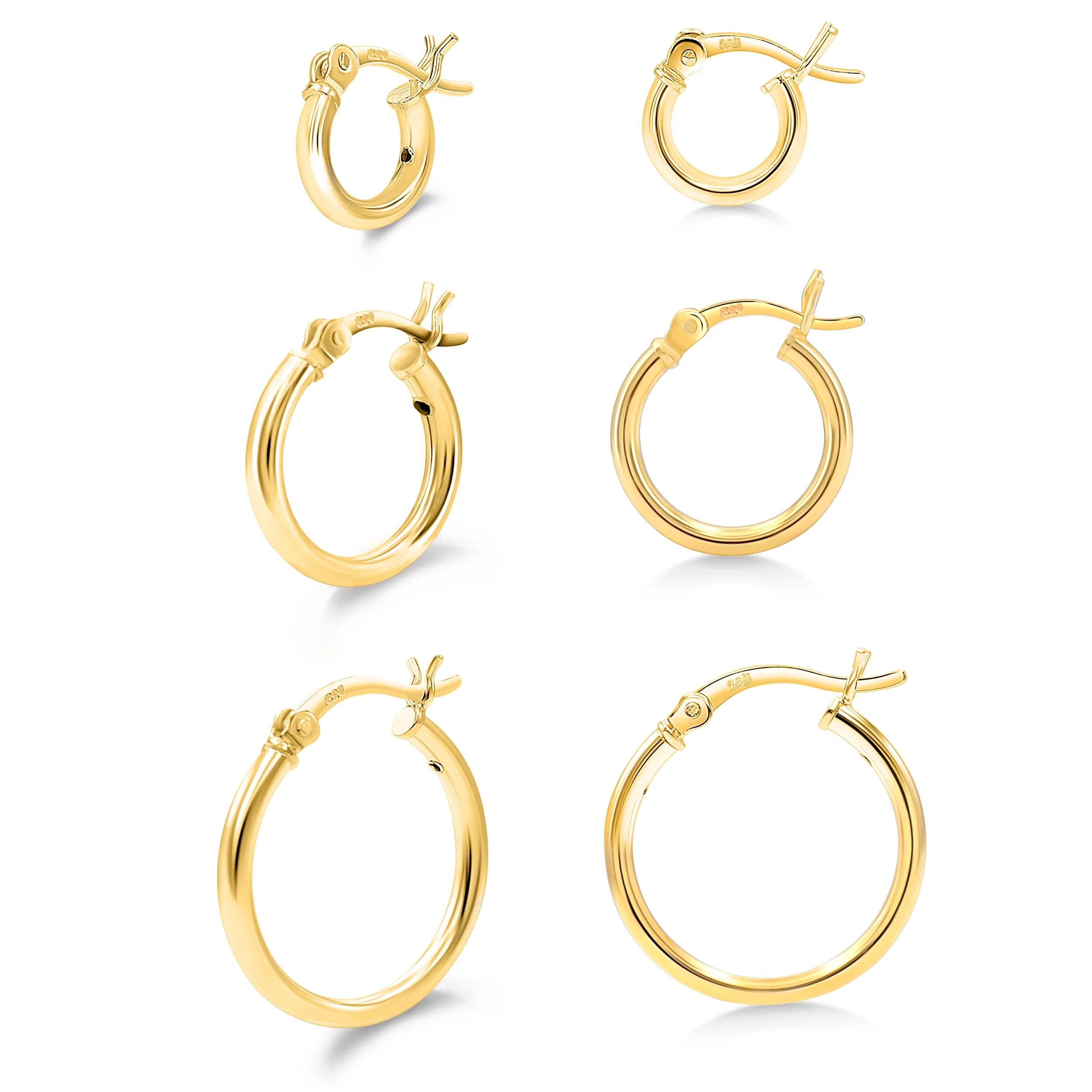 Set of Three (3) 14K Gold Plated Sterling Silver 2mm Hoop Earrings for Women Girls (10mm, 15mm, 2... | Walmart (US)