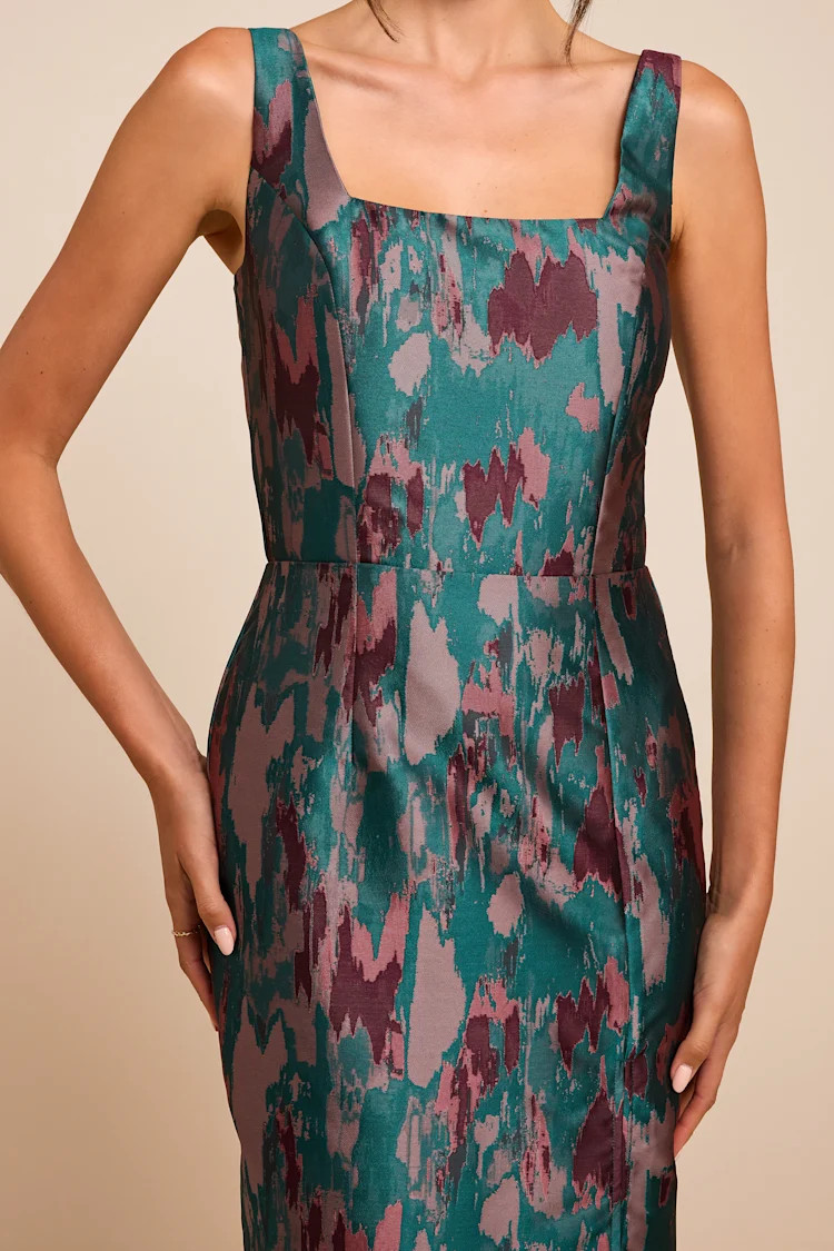 Diani Teal Abstract Jacquard Column Midi Dress | Lulus