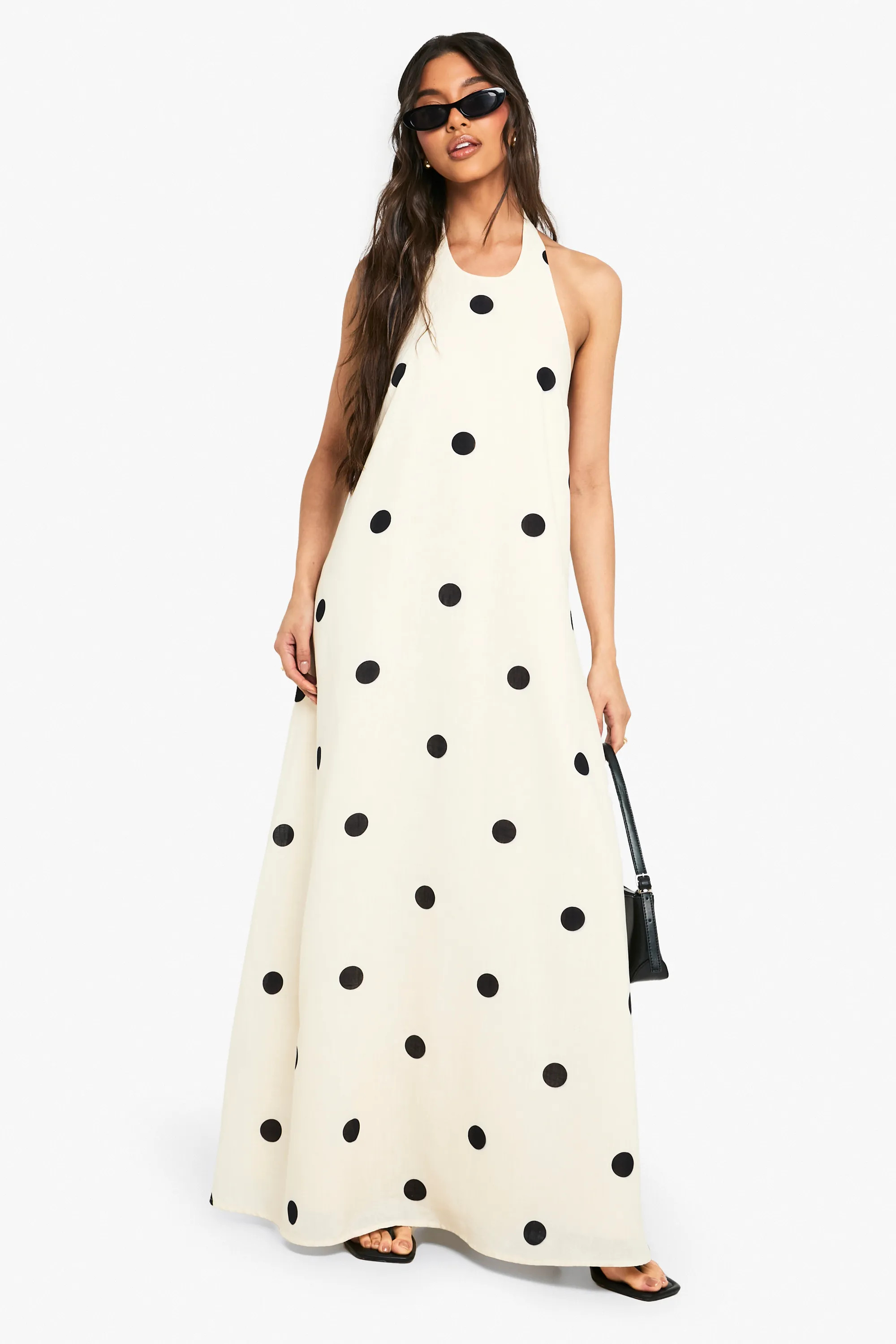 Natural Large Polka Dot Linen Look Swing Dress | Boohoo | Boohoo.com (UK & IE)