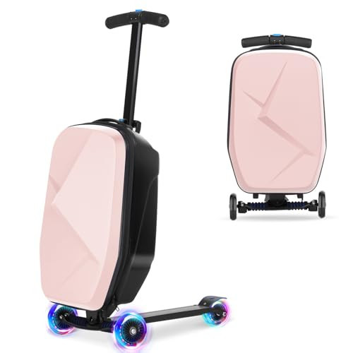 Scooter Luggage For Kids & Adults， Hardside Ride On Suitcase For Kids Ages 4-15 Multifunctional Lightweight Foldable Carry On Luggage With Wheels Ride On For Children Teenagers (Light Pink, 20") | Amazon (US)