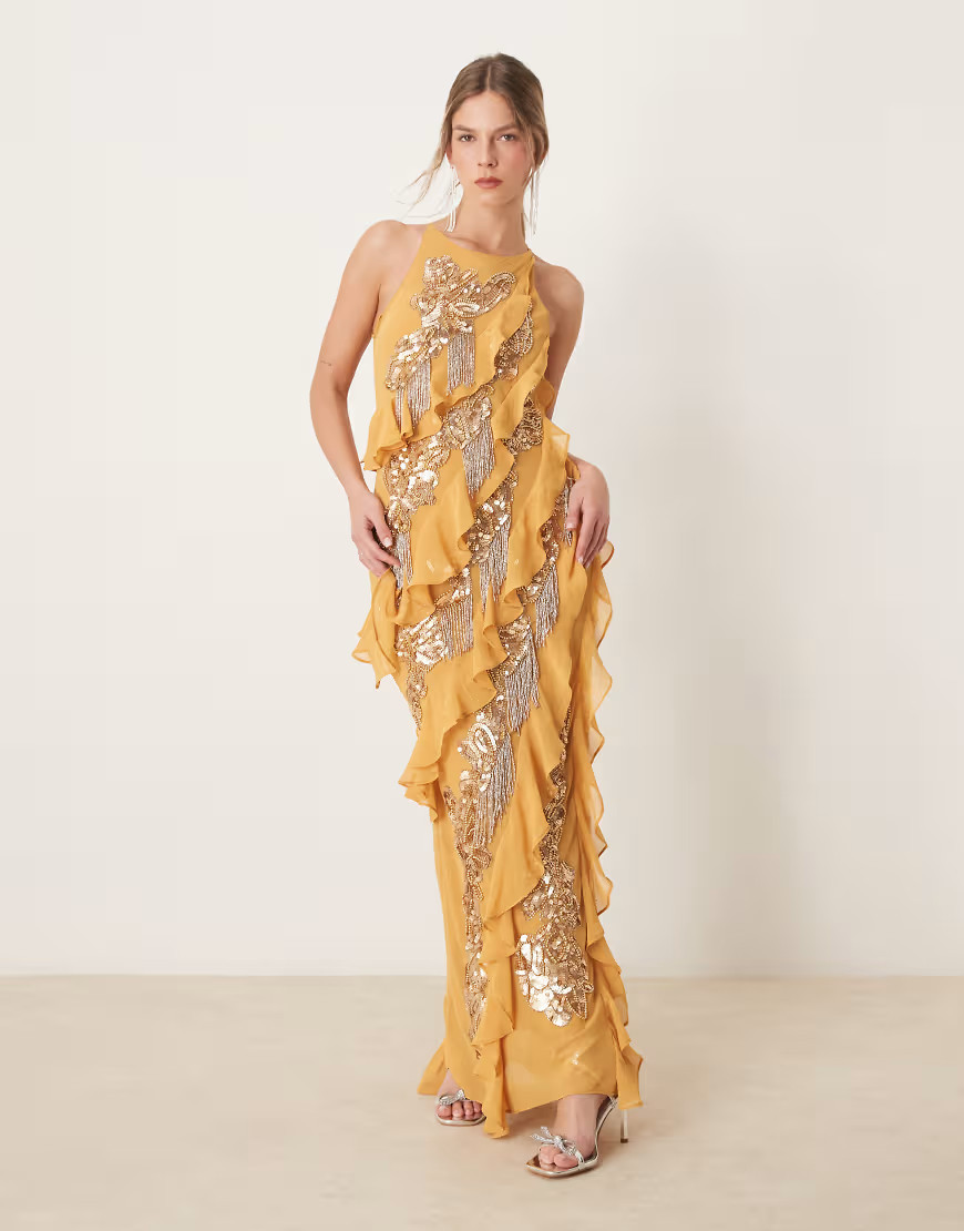 ASOS DESIGN – Verziertes Maxikleid in Ringelblumengelb mit Racerdesign und Rüschen-Goldfarben | ASOS (Global)