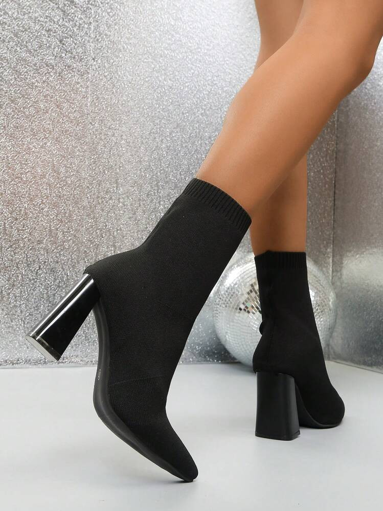 Fall/Winter Plus Size Women's High Heel Thick Heel Knitted Ankle Boots, Pointed Toe Sock Boots, Spring/Autumn,Wear With Sweater,Boots For Women | SHEIN