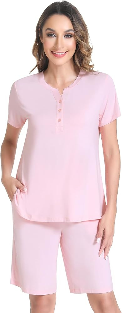 NACHILA Pajamas for Woman-Viscose Made from Bamboo,Short Sleeve Pajama Shorts Set Crew Neck Sleep... | Amazon (US)