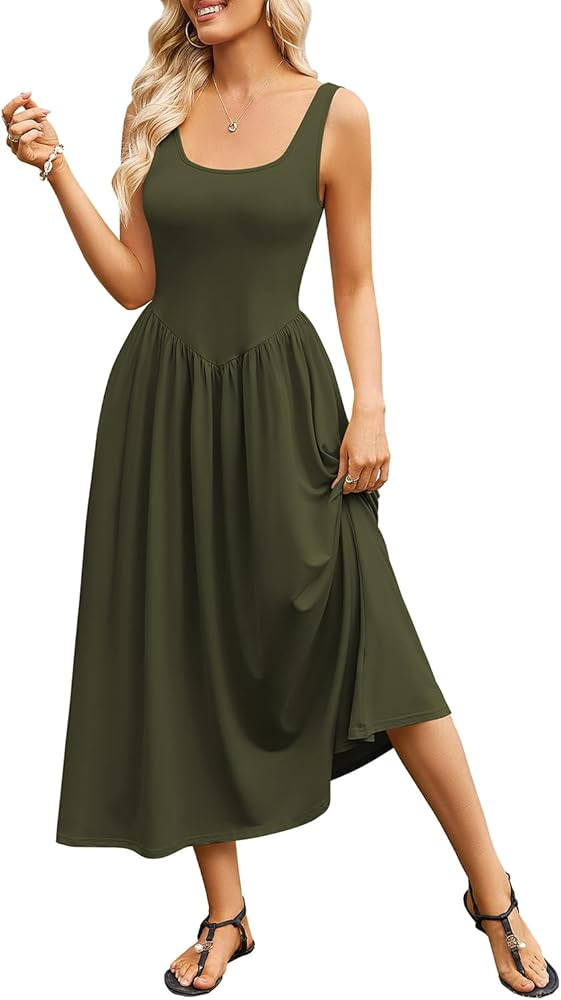Naggoo Women's Summer Long Maxi Dress Casual Square Neck Sleeveless Tank Dresses Knit Pleated A L... | Amazon (US)