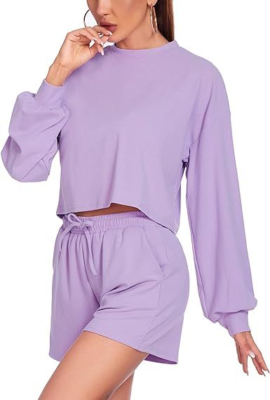 ELESOL Sweatshirt Sets for Women Puff Sleeve Top and Shorts 2 Piece Sweatsuits with Pockets S-XXL | Amazon (US)