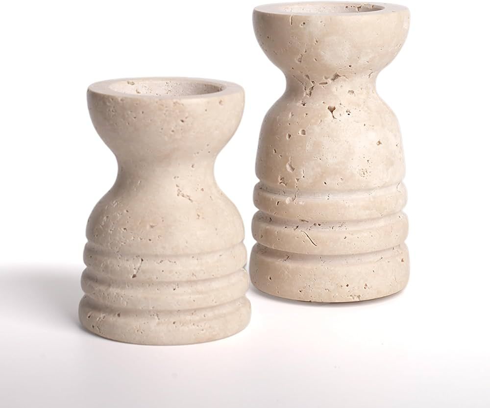 WORHE Candle Holders Italy True Natural Travertine Stone Set of 2 Premium Marble Candlestick Hold... | Amazon (US)