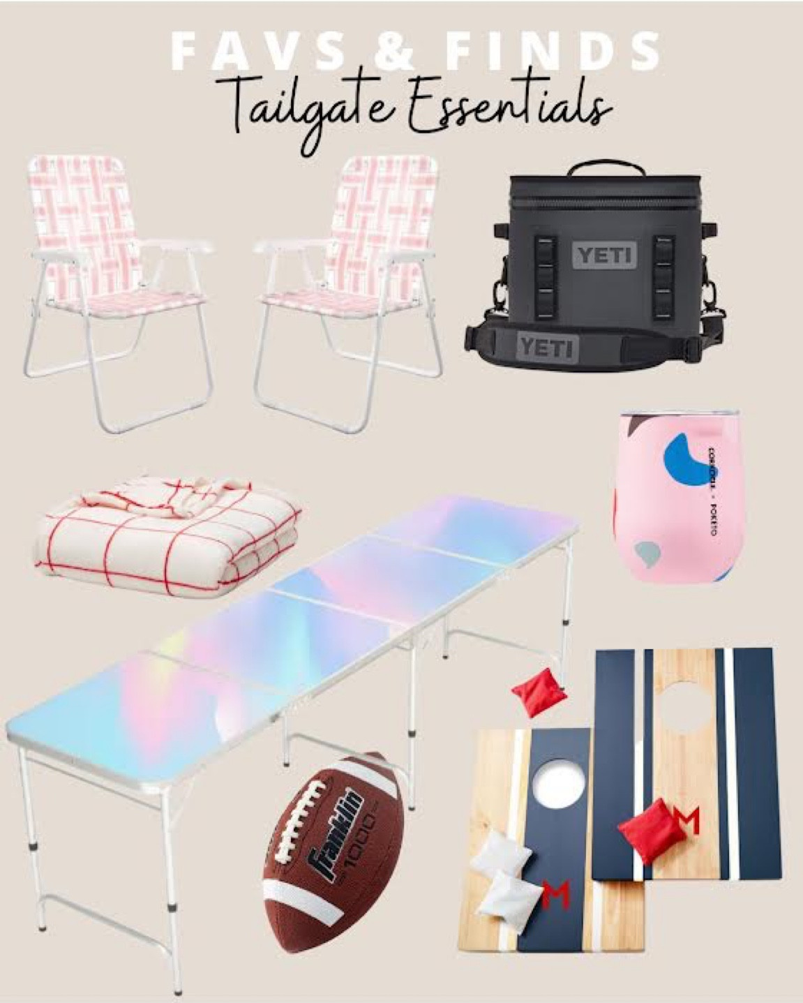 Tailgating Essentials: pink and white folding lawn chairs, yeti portable strap cooler, corcikle wine thermos, personalized monogrammed corn hole game, football, iridescent beer pong table, plaid outdoor throw blanket 

#LTKfamily #LTKSeasonal #LTKU