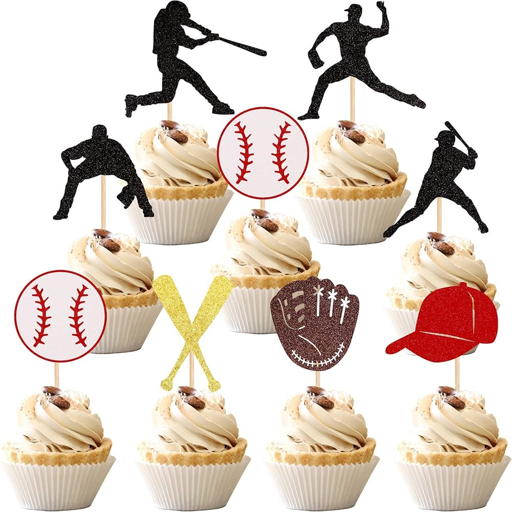 24 PCS Baseball Cupcake Toppers Glitter Baseball Players Sports Theme Cupcake Picks Baseball Spor... | Amazon (US)