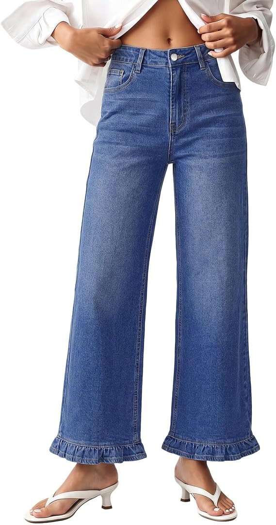 GRAPENT Wide Leg Jeans for Women Ruffle Hem High Waisted Ankle Denim Pants | Amazon (US)