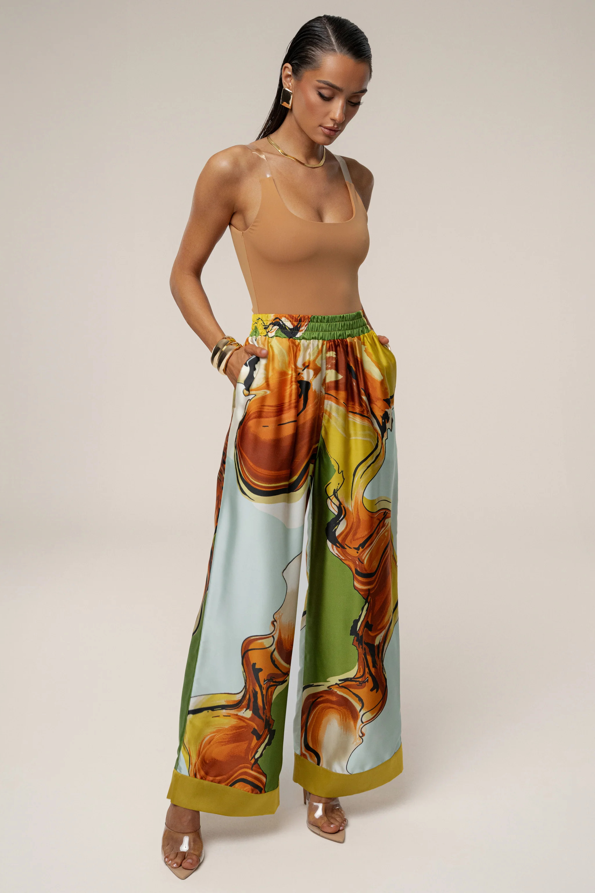Green Tropical Print Jet Set Wide Leg Pants | JLUXLABEL