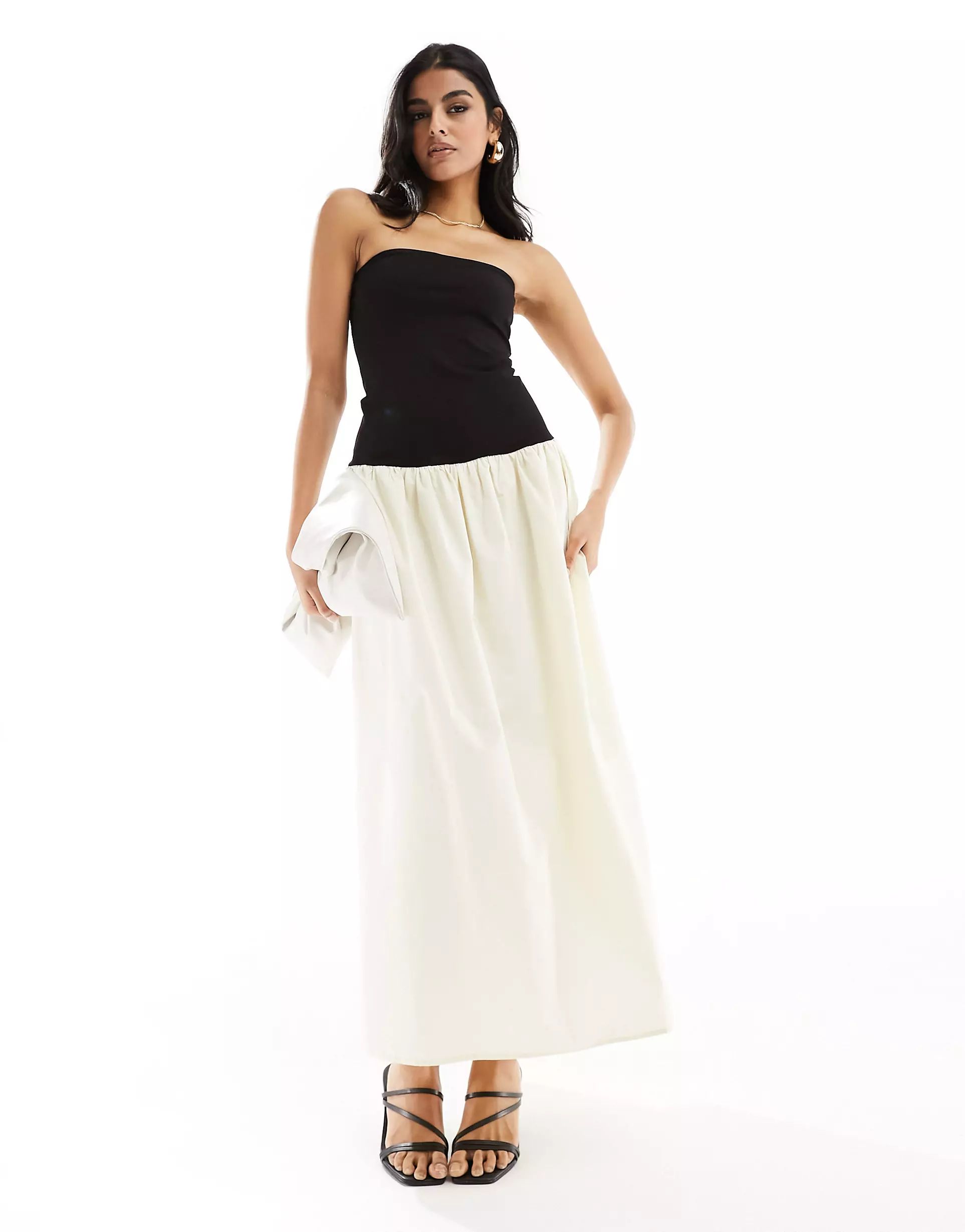 4th & Reckless bandeau contrast dropped waist maxi dress in black and cream | ASOS | ASOS (Global)