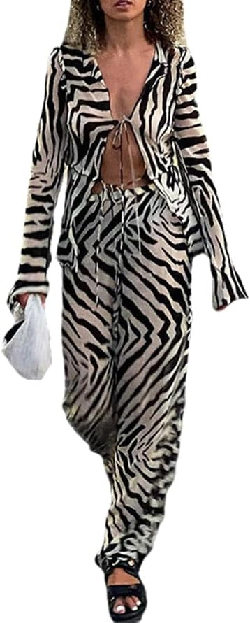 THLAI Sexy 2 Piece Sets for Women Zebra Print Long Sleeve Tops and Wide Leg Pants Mesh Summer Clubwear Vacation Outfits | Amazon (US)
