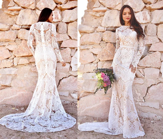Wedding Dress Boho Wedding Dress Bohemian Sheer Lace Sequins Long Sleeve Mermaid Hourglass Gown W... | Etsy (US)