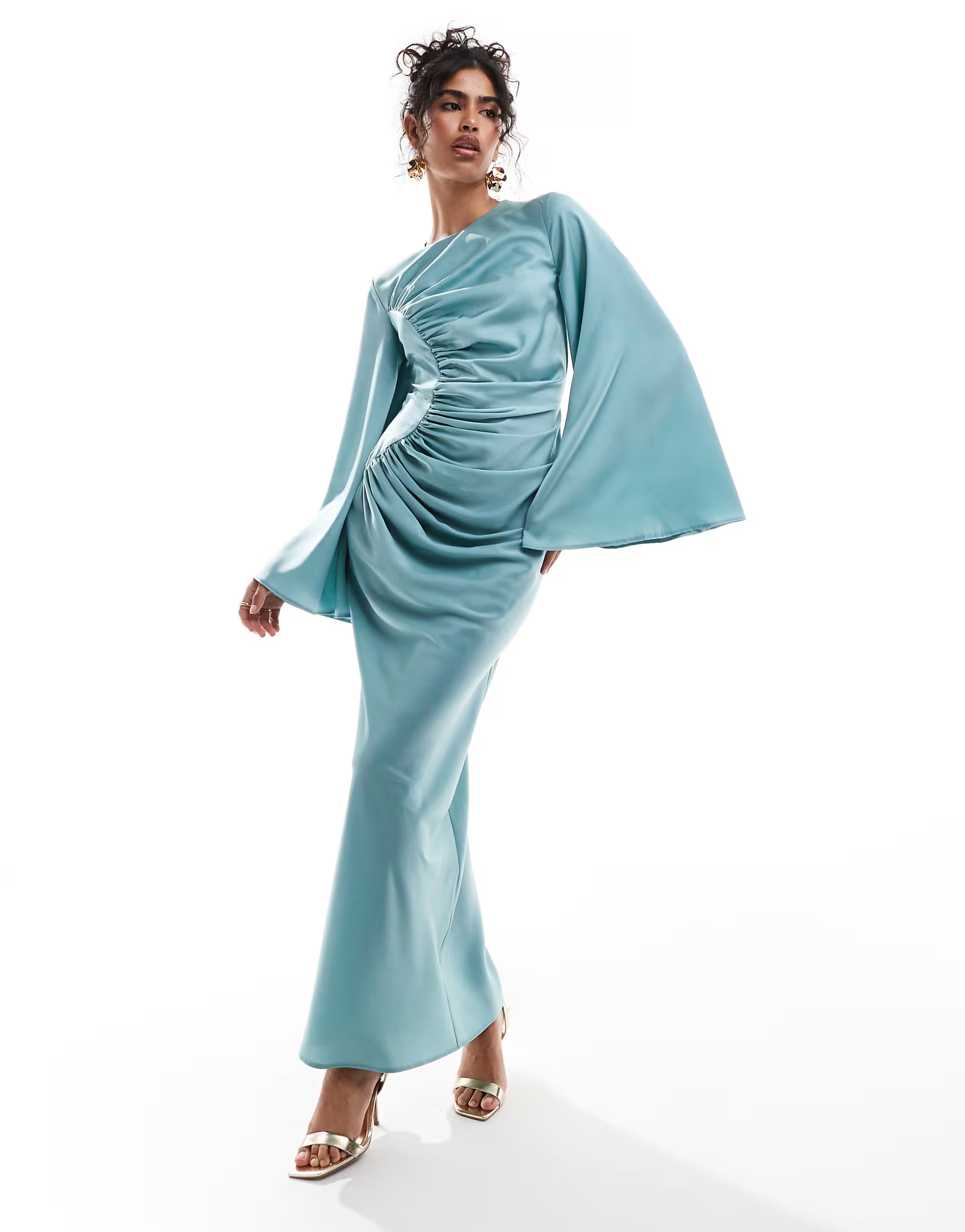 ASOS DESIGN satin long sleeve ruched maxi dress in blue | ASOS (Global)