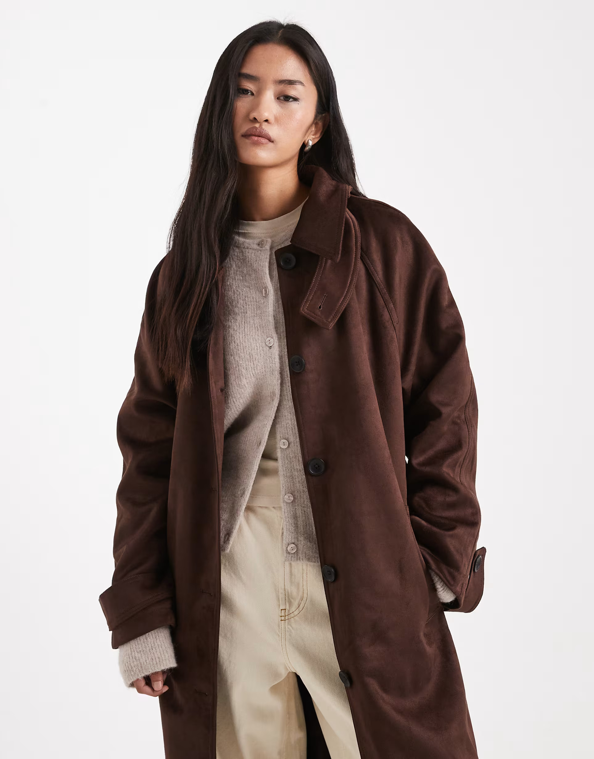 ASOS DESIGN faux suede funnel neck trench coat in chocolate | ASOS | ASOS (Global)