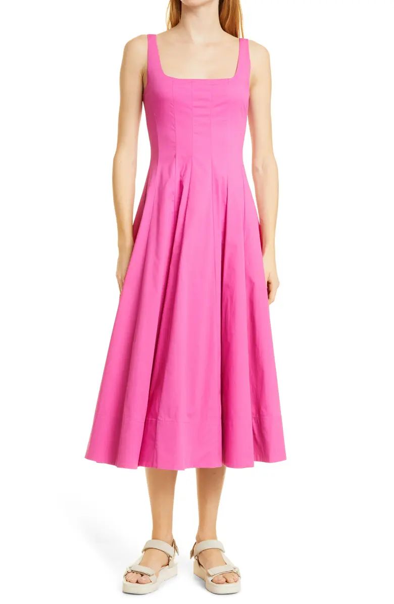 STAUD Wells Stretch Cotton Poplin Midi Fit & Flare Dress | Nordstrom | Nordstrom