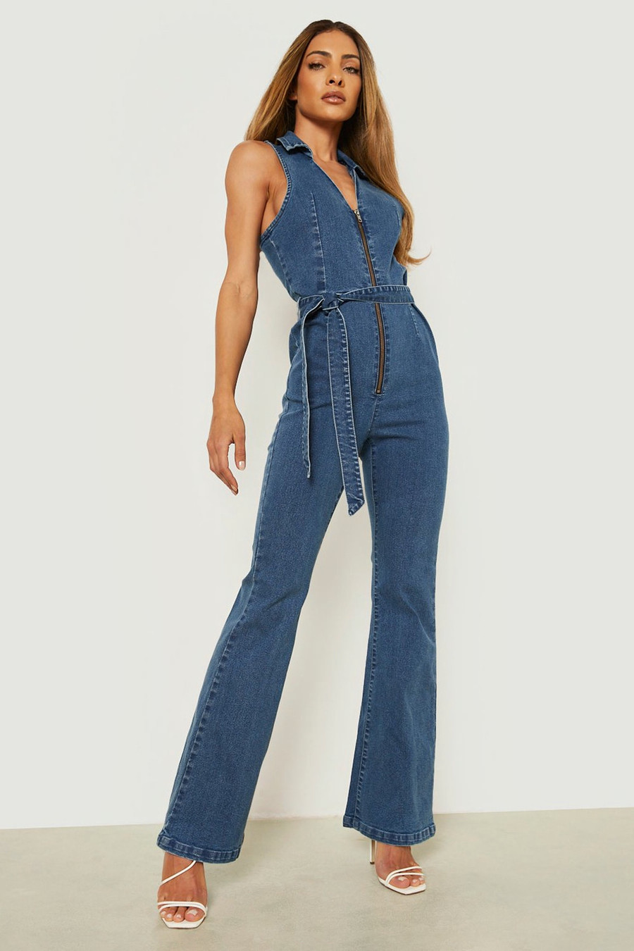 Plunge Belted Stretch Denim Flared Jumpsuit | Boohoo.com (US & CA)