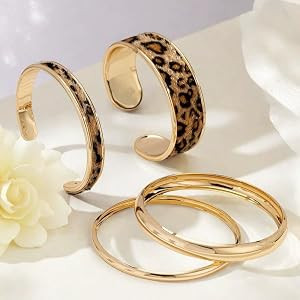 Chunky Gold Bangle Bracelet for Women, Leopard Print Bond Touch 4Pcs Set Stack Statement Bracelet... | Amazon (US)