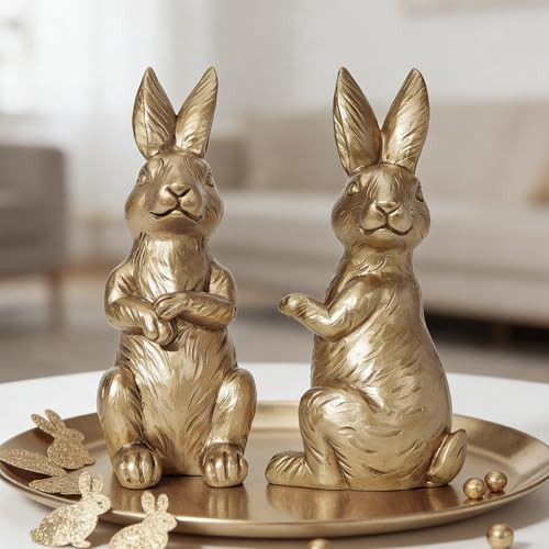 DN DECONATION Easter Decorations Bunny Figurines Set of 2 - Gold Rabbit Statues Farmhouse Spring Vintage Home Decor, Resin Easter Tabletop Antique Decor for Shelf, Mantel, Coffee Table | Amazon (US)