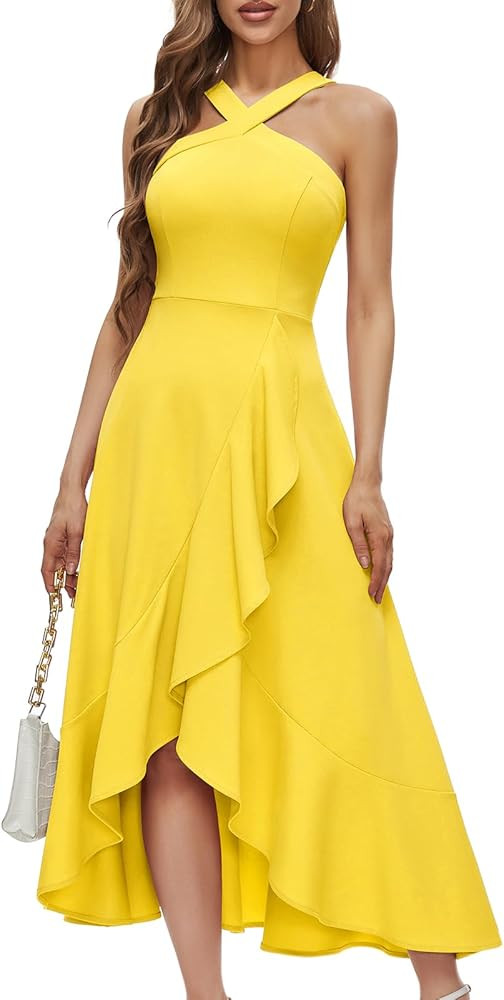 Bbonlinedress Halter Cocktail Women Dresses Prom Formal Wedding Guest Bridesmaid Ruffled Maxi Hi-... | Amazon (US)
