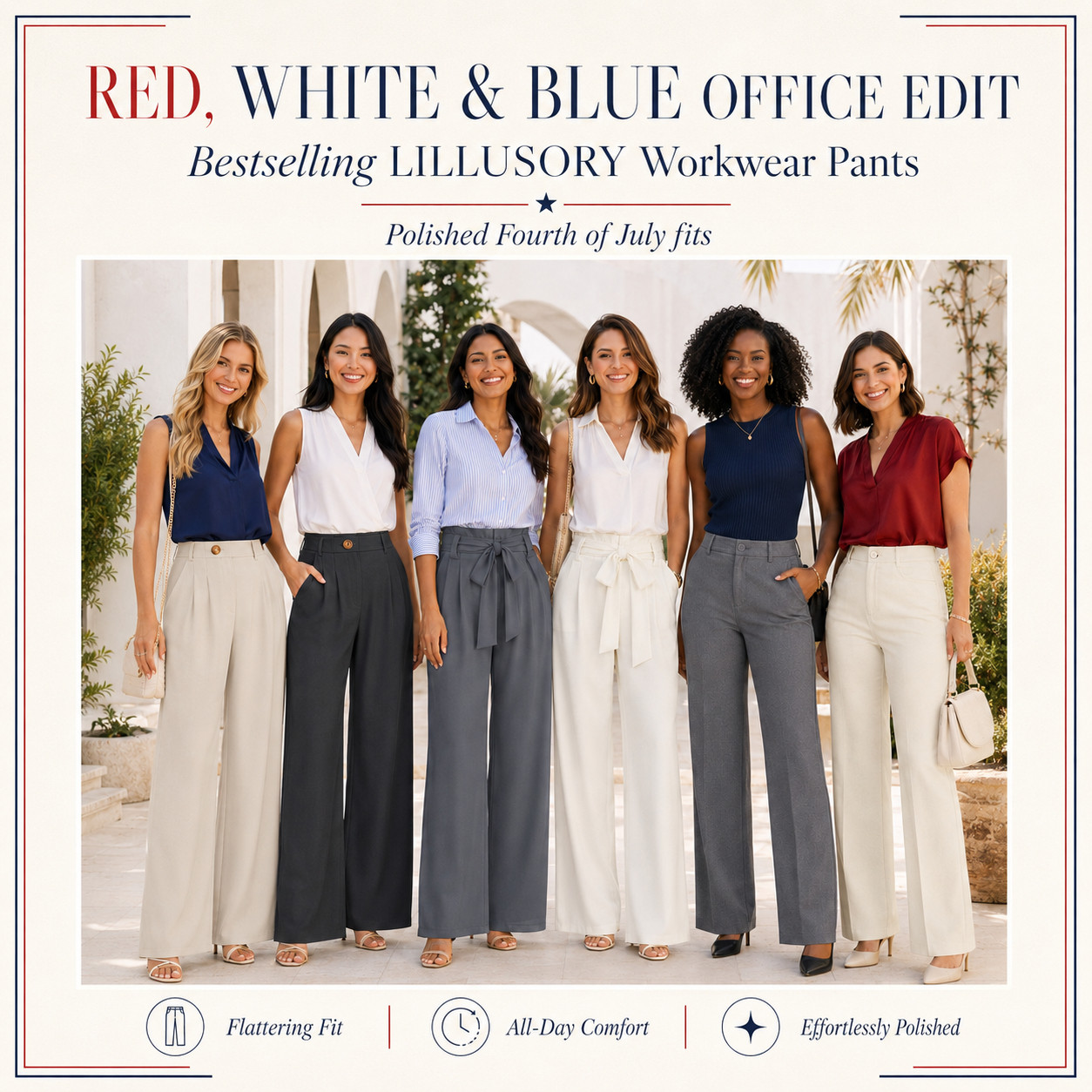 LILLYSORY Chic Summer Workwear | Business Casual High Waisted Wide Leg Work Pants 🇺🇸 

Polished Fourth of July Workwear Fits!!

I did the digging for you, and these Best Selling LILLUSORY workwear pants are the Red, White, and Blue outfit upgrade that feels festive without looking cheesy. 

They give you that polished, expensive-looking trouser vibe while still feeling comfortable enough for real summer plans — perfect when you want a Fourth of July outfit that looks intentional, elevated, and actually rewearable.

These are the pants to grab when you want patriotic style you can wear beyond one holiday: 
Memorial Day weekend, Fourth of July parties, office outfits, business casual looks, teacher outfits, summer workwear, BBQs, travel days, fireworks, dinner plans, and polished everyday outfits. 

Style them with red, white, navy, blue stripes, tanks, blouses, bodysuits, sandals, heels, flats, or sneakers and they instantly make the whole outfit feel more put together.

If you’ve been looking for Fourth of July outfits that don’t feel costume-y, these LILLUSORY pants are the smart buy — flattering, versatile, comfortable, and easy to wear long after the holiday is over. 🇺🇸

📌 SAVE this before you panic-buy a Fourth of July outfit you’ll only wear once — these are polished red, white, and blue pieces you can actually rewear.

↓ Everything is linked!

#LTKSaleAlert #LTKWorkwear #LTKTravel