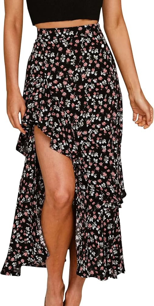 Womens Boho Floral Print Long Skirt Dress Chic High Low Side Split Ruffle Hem Elastic Waist Swing... | Amazon (US)