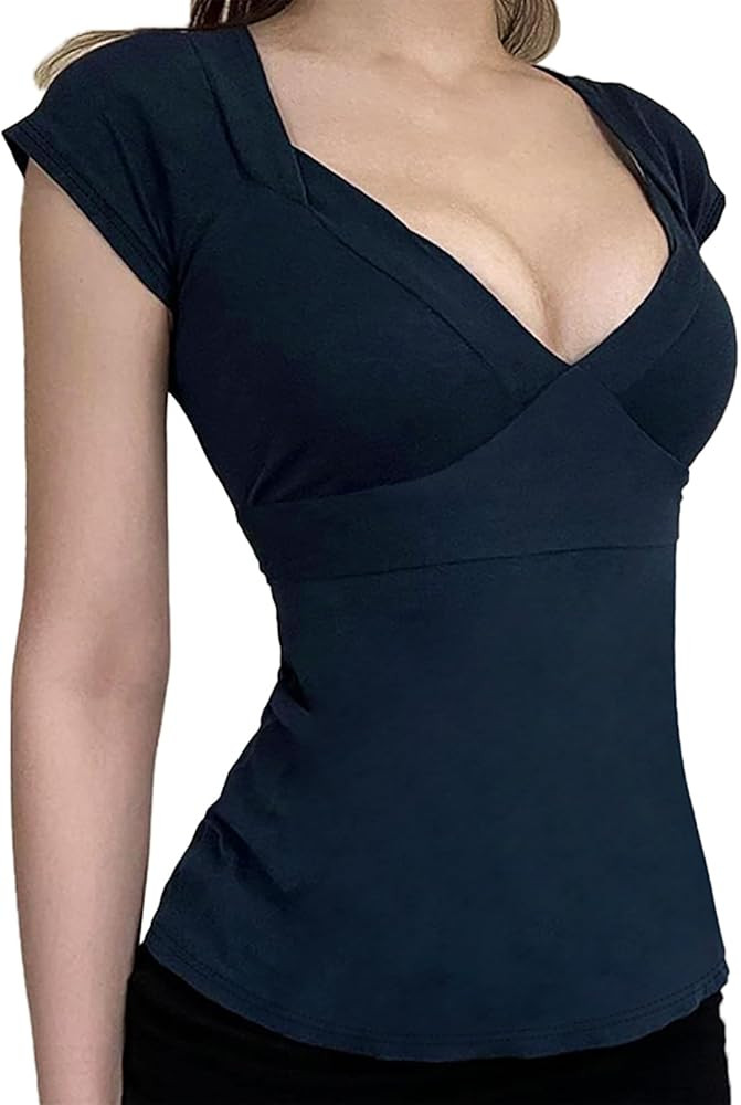 Xineicy Deep V Neck Tops for Women Tie Back Strappy Bow Short Sleeve T Shirt Low Cut Cleavage Sum... | Amazon (US)