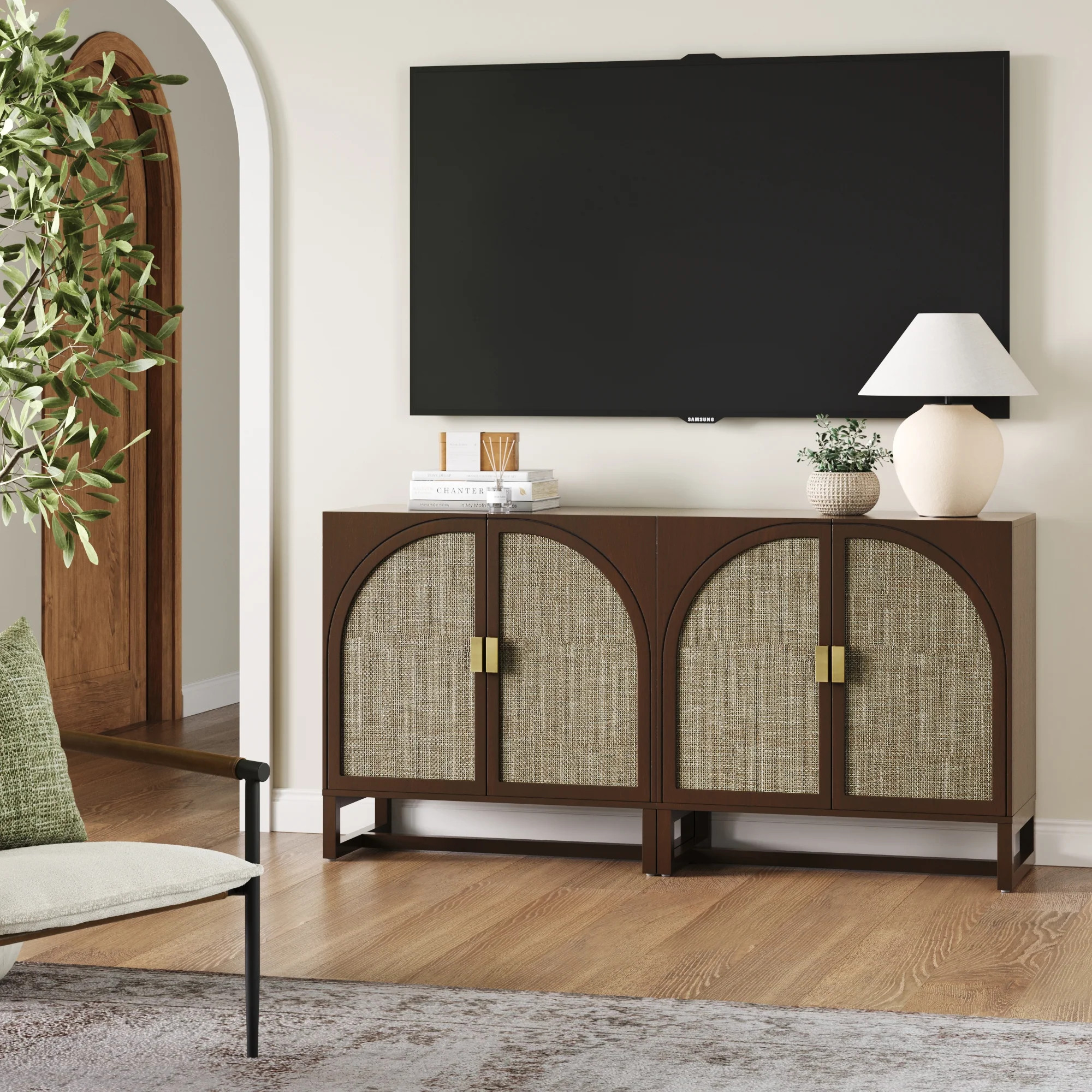 Boho Arched TV Console Credenza Dark Acacia (Set of 2) | Nathan James