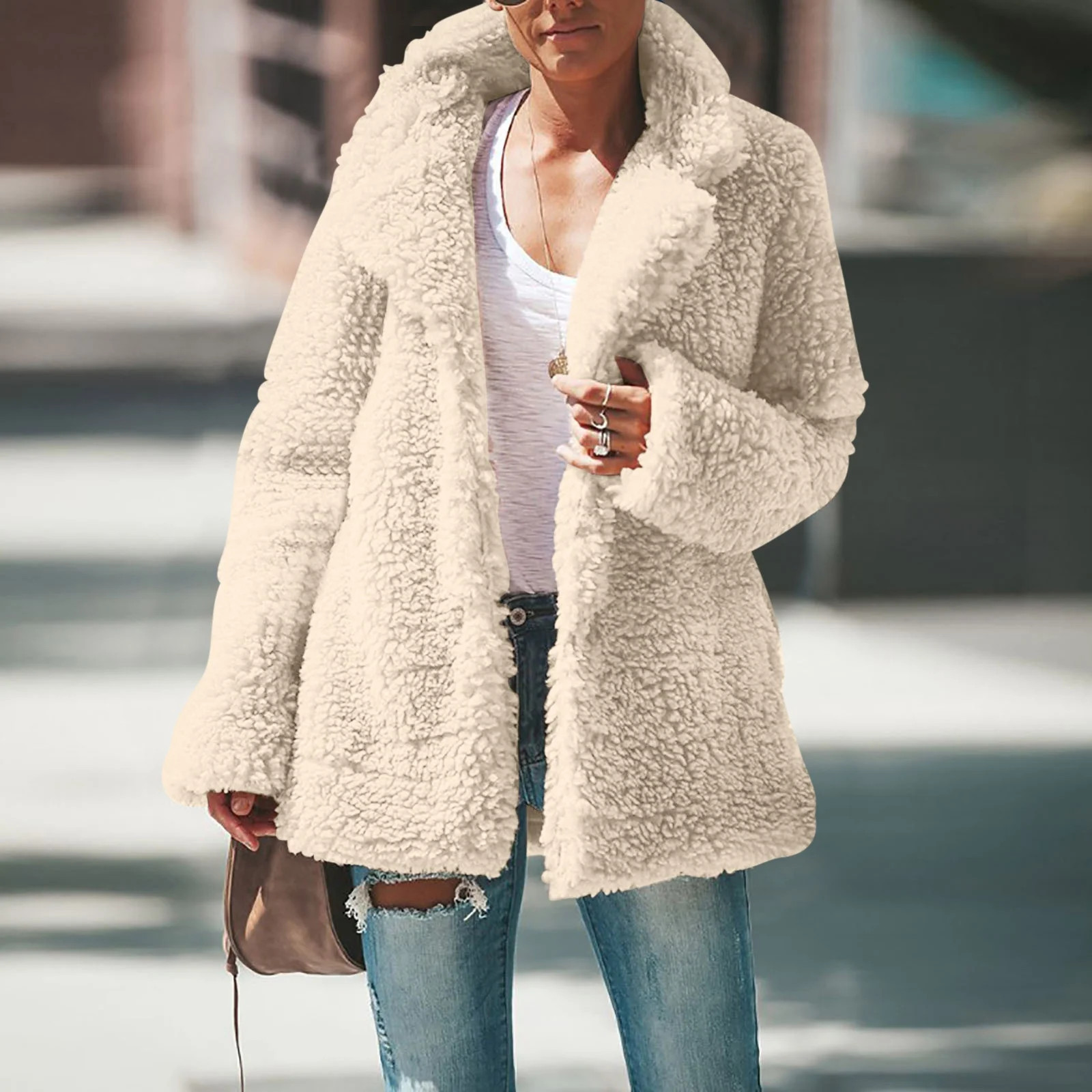 Qetyuw Winter Fuzzy Coat for Women Lapel Long Sleeve Open Front Cardigan Jacket Casual Warm Coats... | Walmart (US)