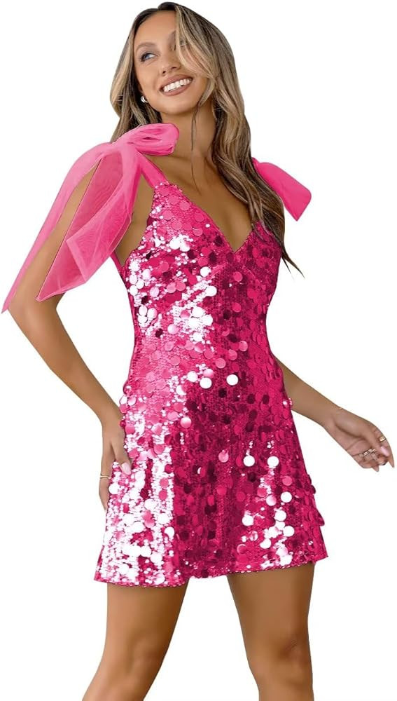 MYDRESS Sparkly Homecoming Dress 2025 V Neck Short Mini Club Sequin Dress with Bow | Amazon (US)