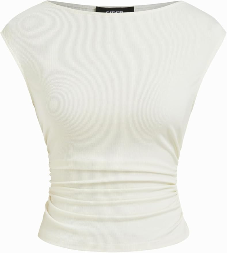 CIDER Boat Neck Tops for Women Sleeveless Ruched Crop Tank Tops Slim Fit Trendy Summer Outfits Ca... | Amazon (US)