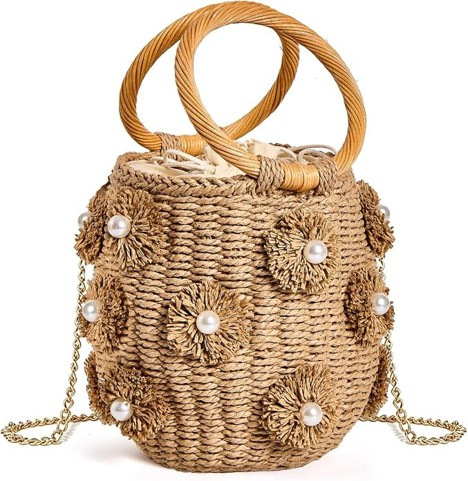 Flower Pearls Rattan Tote Bag Summer Beach Drawstring Straw Bucket Bag Diamonds Woven Handbag | Amazon (US)