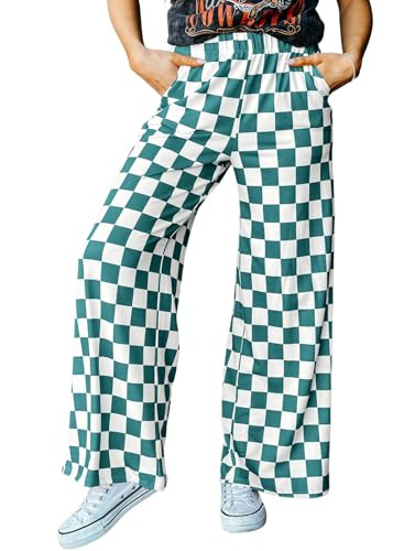 Acelitt Women's Summer Checkered Palazzo Pants Flowy Wide Leg Beach Trousers with Pockets | Amazon (US)