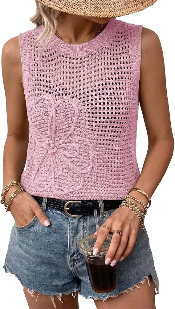 Women Summer Crochet Tank Tops Crewneck Sleeveless Hollow Out Knit Flower Sweater Vest Top Trendy... | Amazon (US)