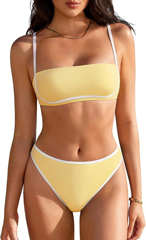 Amazon.com: SUUKSESS Women Bandeau High Waisted Bikini Set Cheeky High Cut Two Piece Swimsuits Square Neck Color Block Bathing Suit (Light Yellow,L) : Clothing, Shoes & Jewelry | Amazon (US)