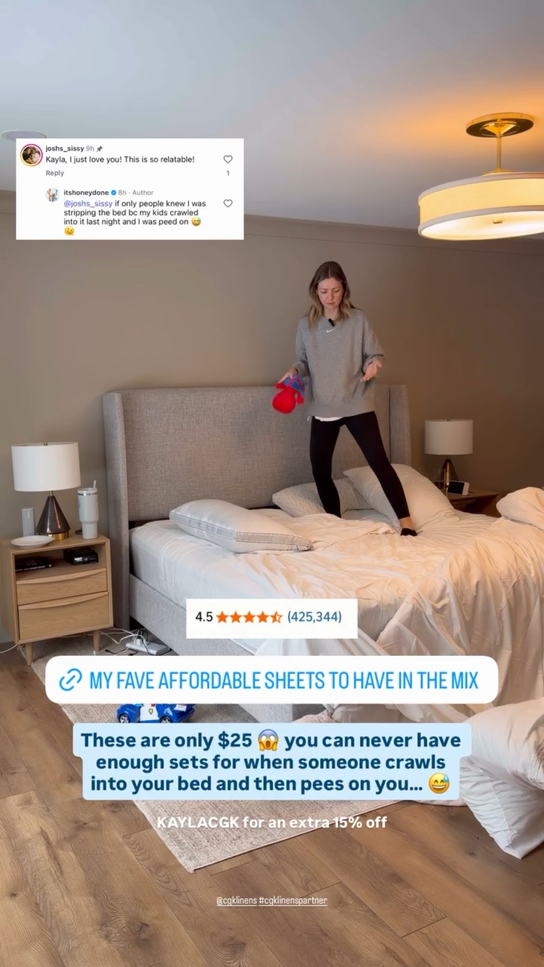 These are only $25 😱 you can never have enough sets for when someone crawls into your bed and then pees on you… 😅 KAYLACGK for an extra 15% off @cgklinens #cgklinenspartner 
