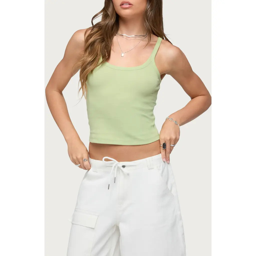 EDIKTED Basic Babe Stretch Cotton Crop Camisole in Green at Nordstrom, Size X-Small | Nordstrom
