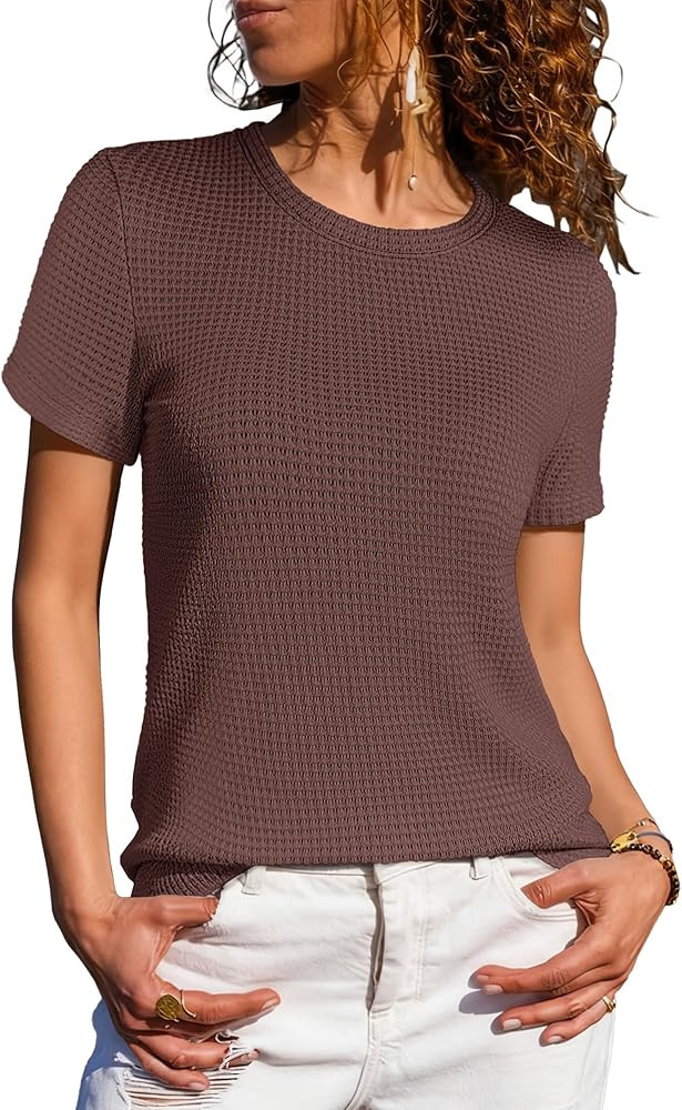 ANRABESS Women's Summer Waffle Knit Tops Crew Neck Short Sleeve Casual Trendy Shirts Basic Tee Bl... | Amazon (US)